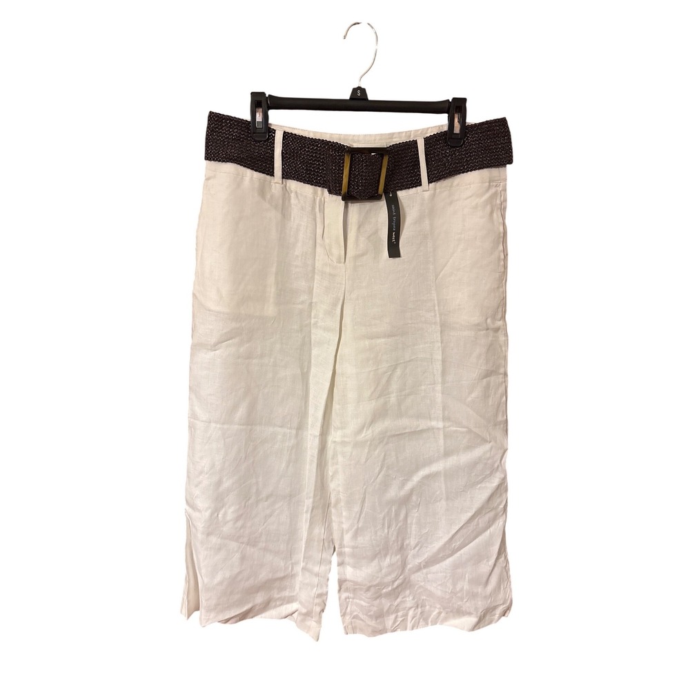 Saint‎ Tropez West White 100% Linen Cropped Pants with Belt Size 10 TJ810-P0102M